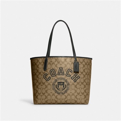 Geanta Tote Dama Coach City In Signature Canvas With Varsity Motif Aurii Kaki Verzi | Romania-167235