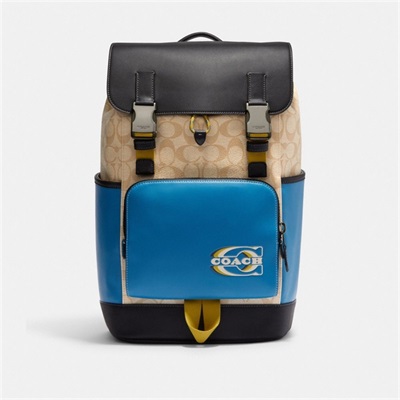 Rucsac Barbati Coach Track In Colorblock Signature Canvas With Coach Stamp Negrii Kaki Deschis Albastri Colorati | Romania-482579