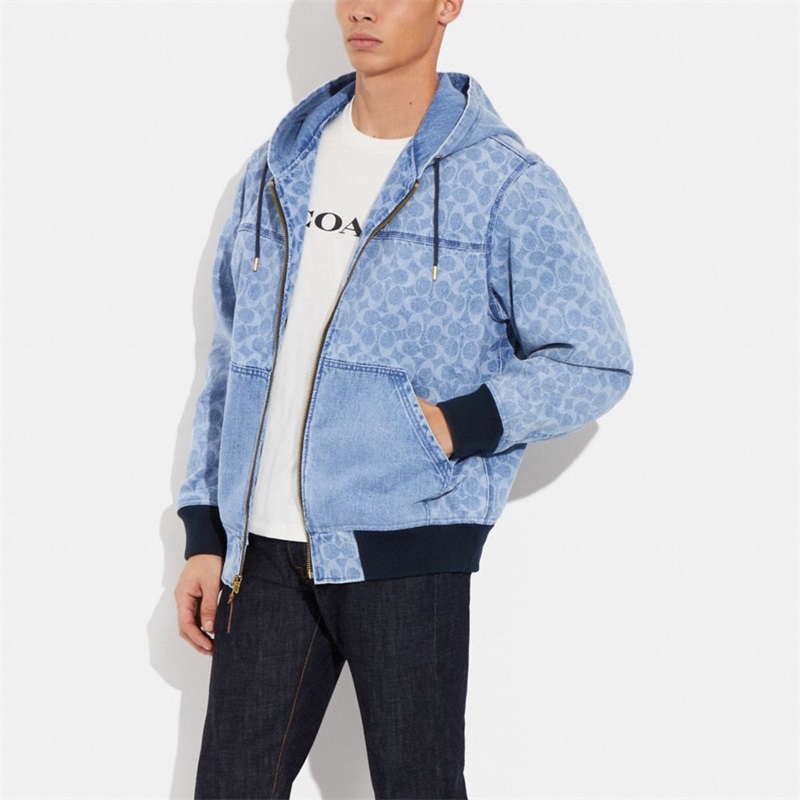 Geaca Barbati Coach Signature Denim Hooded Zip Up Albastru Deschis Deschis | Romania-137854