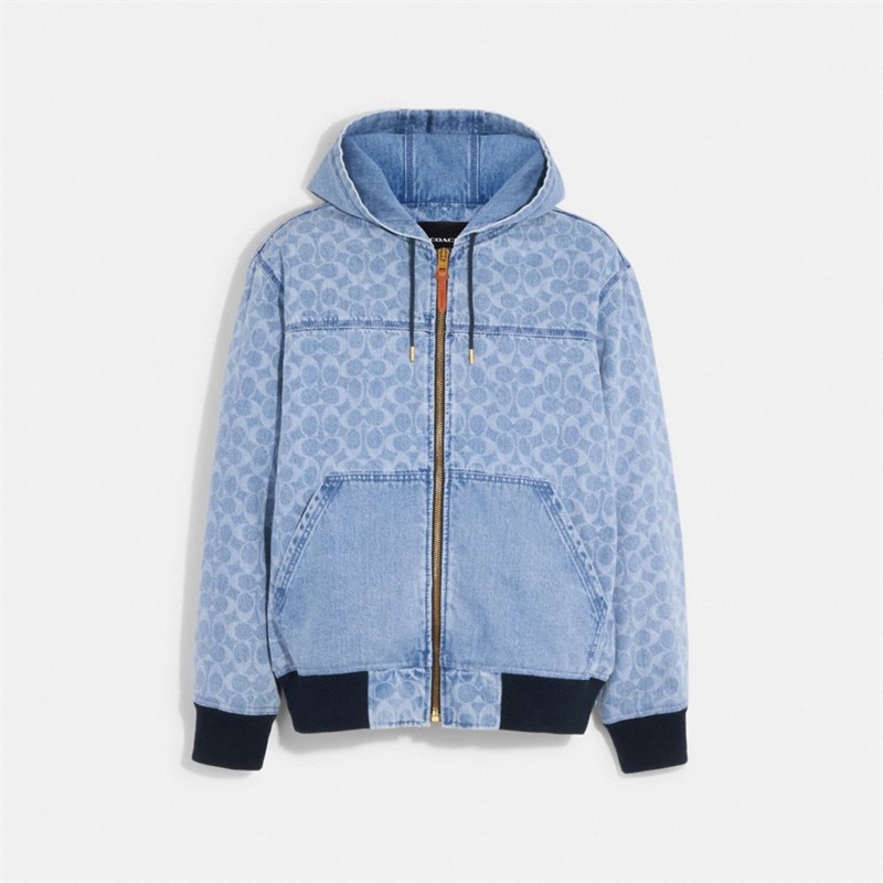 Geaca Barbati Coach Signature Denim Hooded Zip Up Albastru Deschis Deschis | Romania-137854