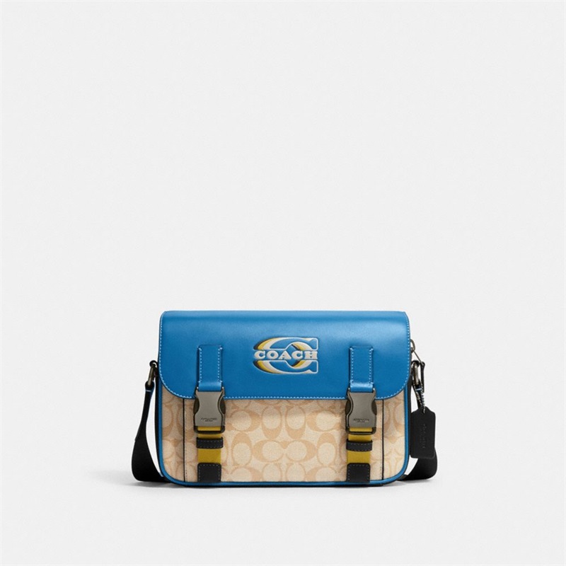 Geanta Crossbody Barbati Coach Track In Colorblock Signature Canvas With Coach Stamp Negrii Kaki Deschis Albastri Colorati | Romania-047136