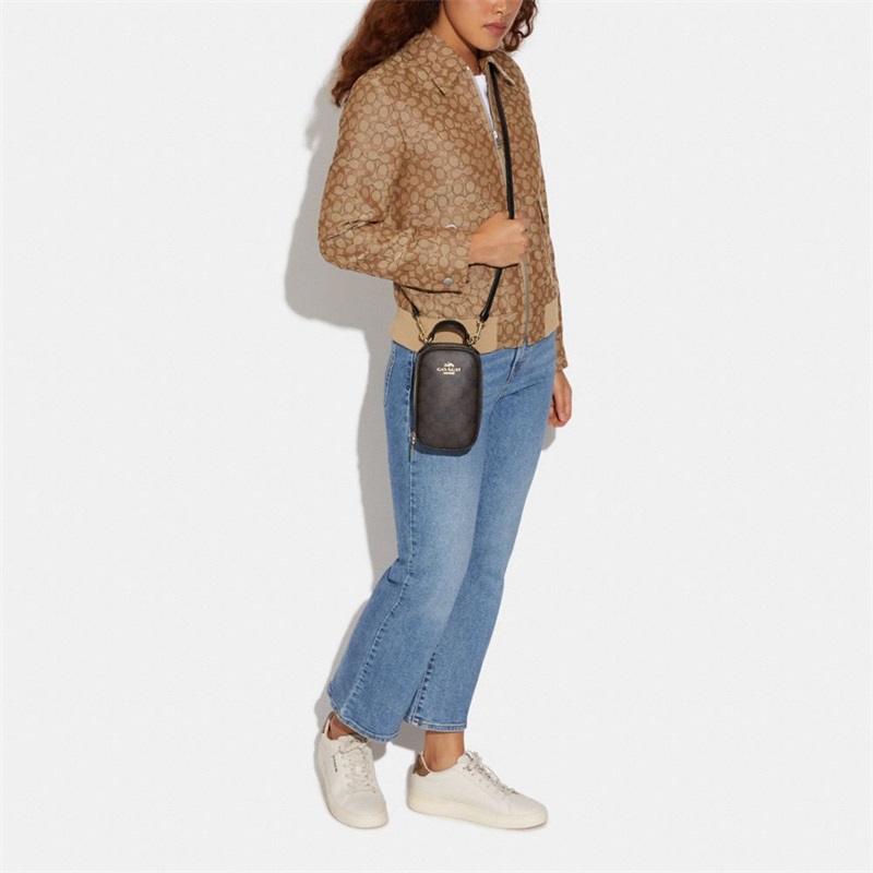 Geanta Crossbody Dama Coach Eva Phone In Signature Canvas Aurii Maro Negrii | Romania-016249