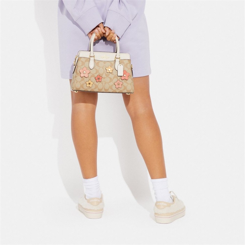 Geanta De Mana Dama Coach Mini Darcie In Signature Canvas With Floral Applique Aurii Kaki Deschis Colorati | Romania-427619