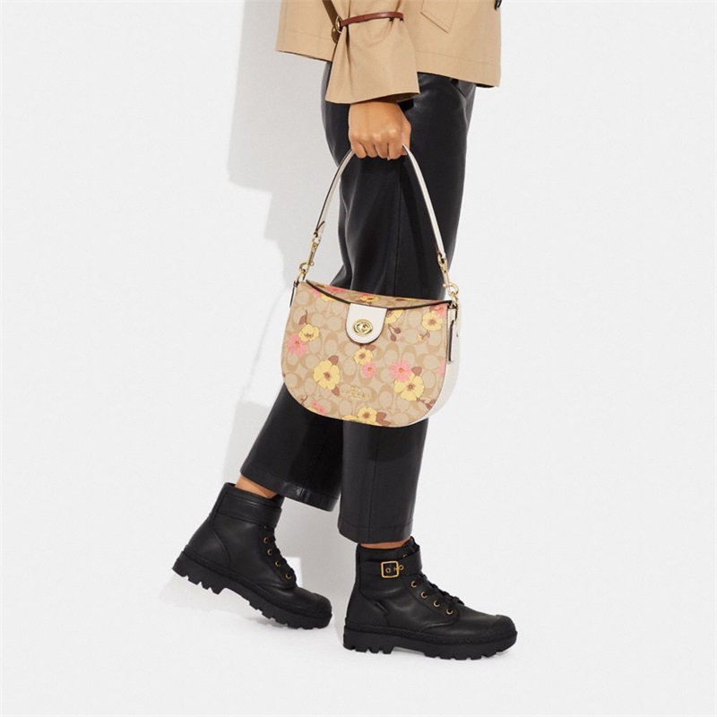 Geanta De Umar Dama Coach Ella Hobo In Signature Canvas With Floral Cluster Print Aurii Kaki Deschis Colorati | Romania-648273