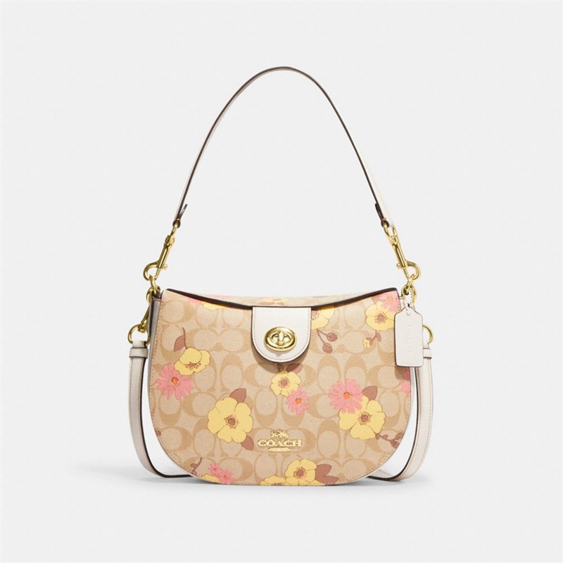 Geanta De Umar Dama Coach Ella Hobo In Signature Canvas With Floral Cluster Print Aurii Kaki Deschis Colorati | Romania-648273