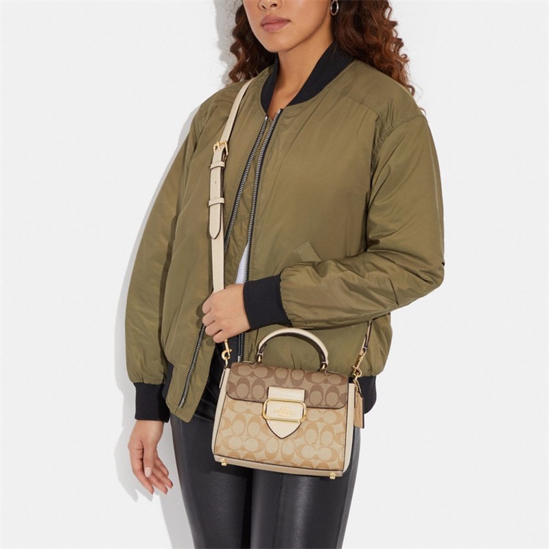 Geanta Satchel Dama Coach Morgan Top Handle In Blocked Signature Canvas Aurii Kaki Deschis Colorati | Romania-053812