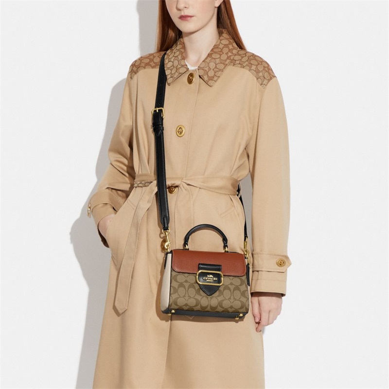 Geanta Satchel Dama Coach Morgan Top Handle In Colorblock Signature Canvas Aurii Kaki Colorati | Romania-397108