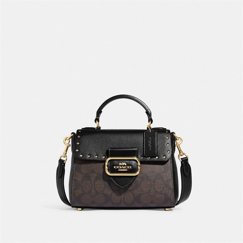 Geanta Satchel Dama Coach Top Handle In Colorblock Signature Canvas With Rivets Aurii Maro Negrii Colorati | Romania-198457