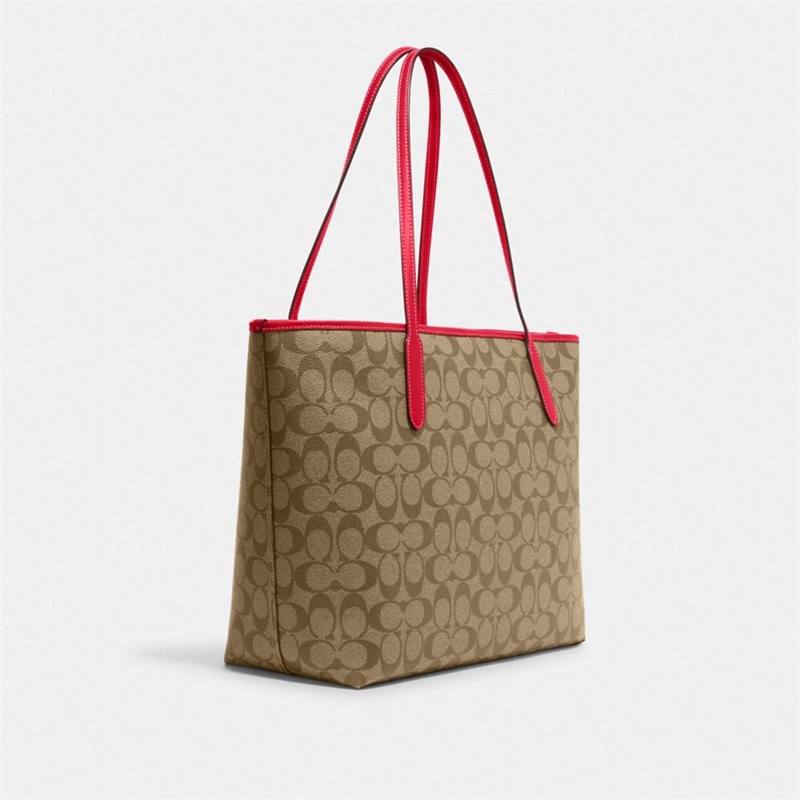 Geanta Tote Dama Coach City In Signature Canvas With Wild Strawberry Argintii Kaki Rosii | Romania-284175