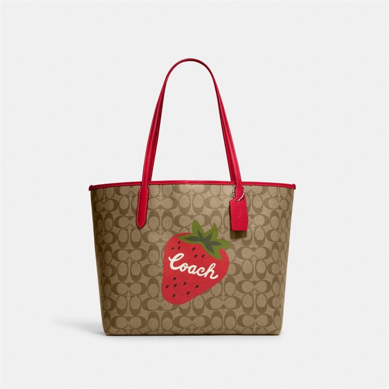 Geanta Tote Dama Coach City In Signature Canvas With Wild Strawberry Argintii Kaki Rosii | Romania-284175