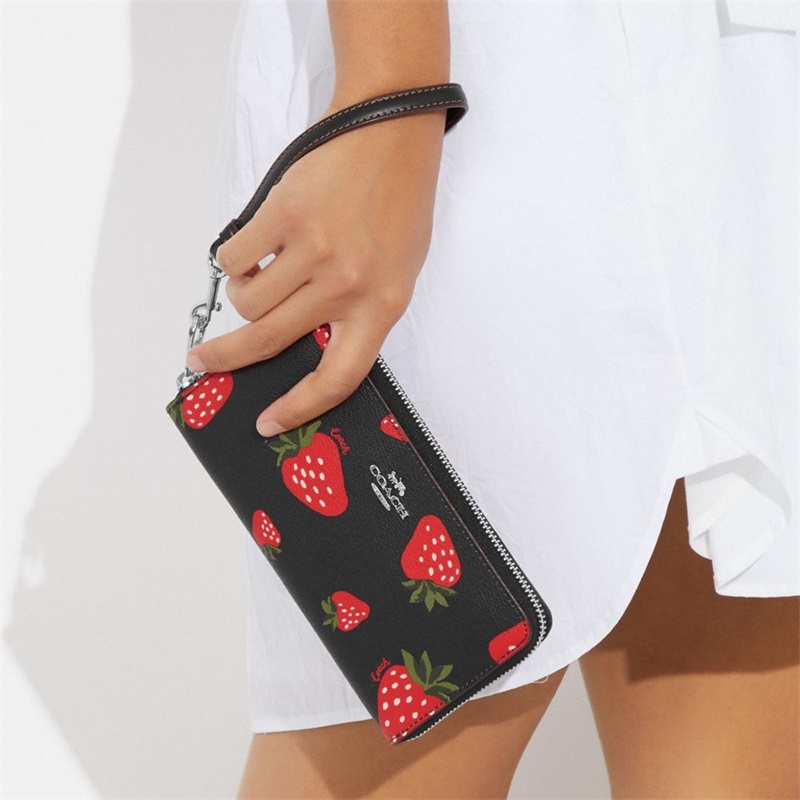 Portofel Dama Coach Long Zip Around With Wild Strawberry Print Argintii Negrii Colorati | Romania-905836