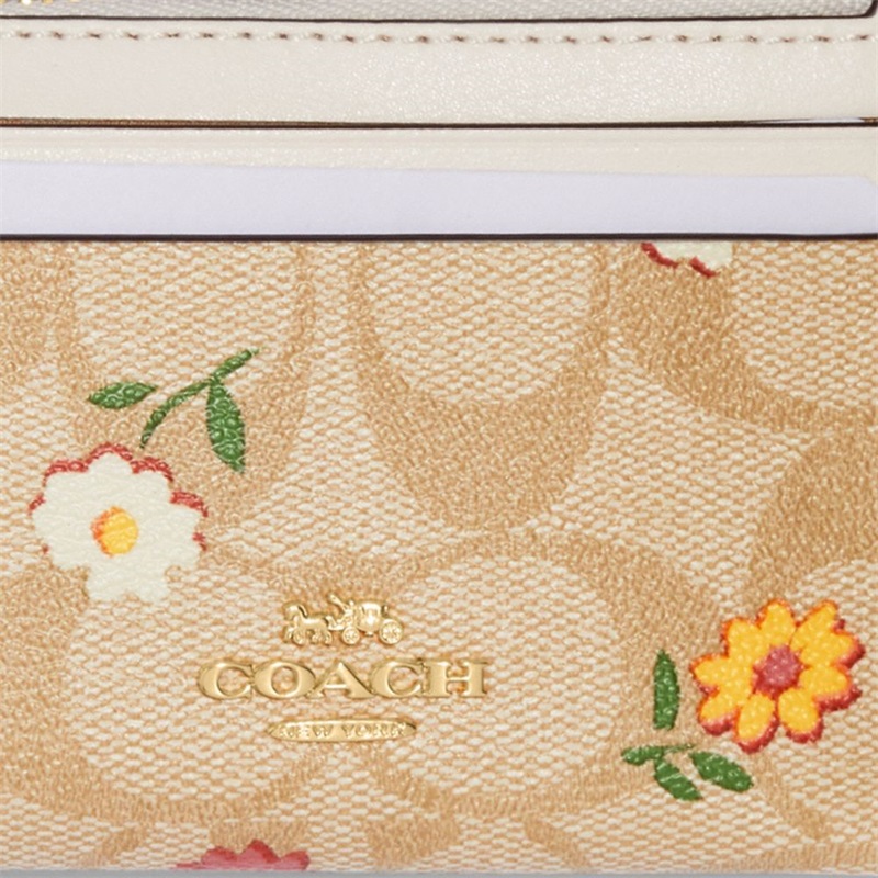 Portofel Dama Coach Mini Slab Id Case In Signature Canvas With Nostalgic Ditsy Print Aurii Kaki Deschis Colorati | Romania-697405