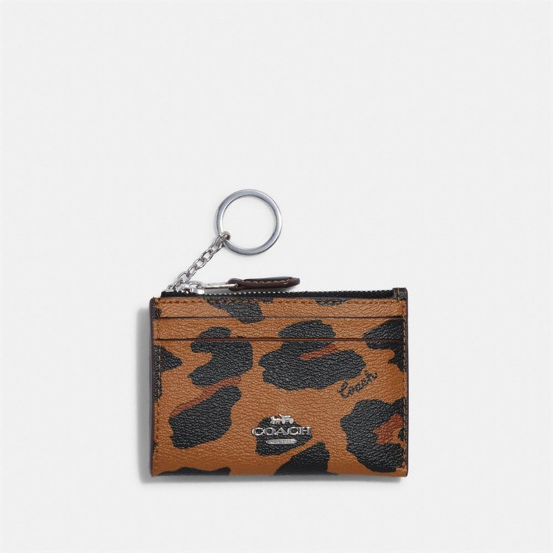 Portofel Dama Coach Mini Slab Id Case With Leopard Print Argintii Colorati Deschis | Romania-642857