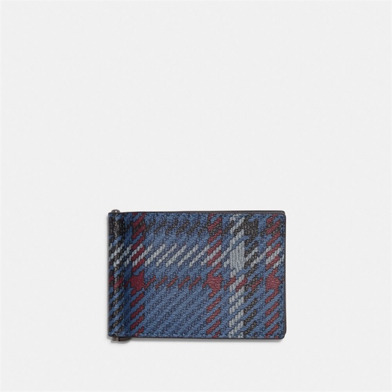 Portofel Dama Coach Slim Money Clip Billfold With Plaid Print Bleumarin Colorati | Romania-051843