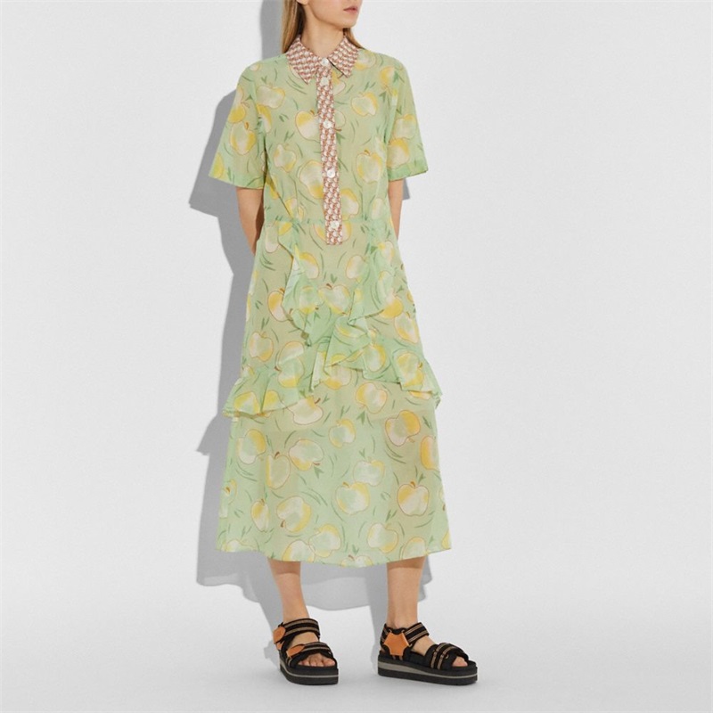 Rochie Cămașă Dama Coach Apple Print Long Ruffle Verde Menta Galbeni | Romania-720836