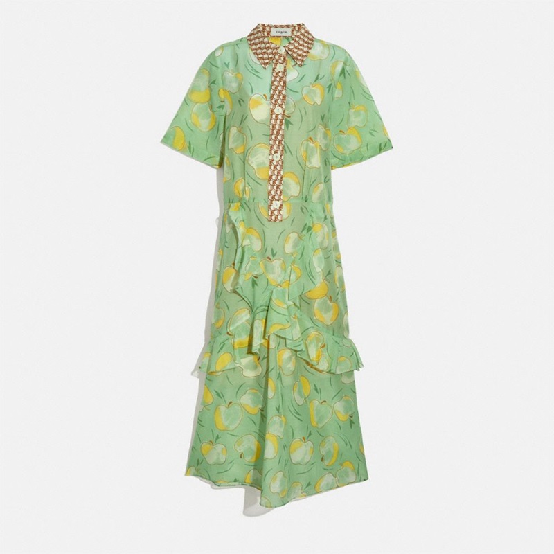 Rochie Cămașă Dama Coach Apple Print Long Ruffle Verde Menta Galbeni | Romania-720836