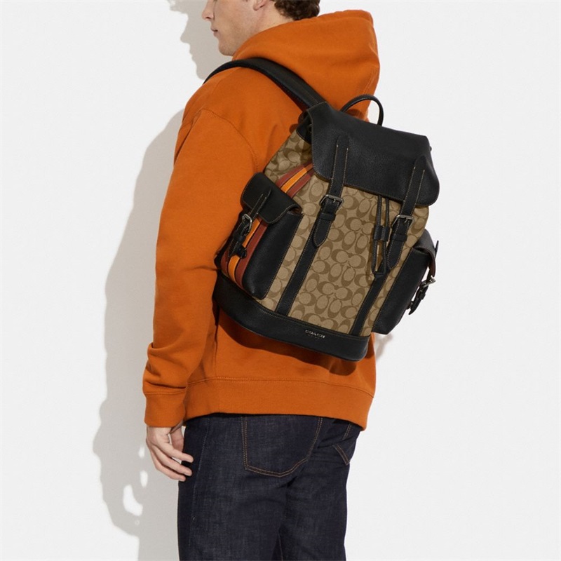 Rucsac Barbati Coach Hudson In Signature Canvas With Varsity Stripe Negrii Kaki Colorati | Romania-318692