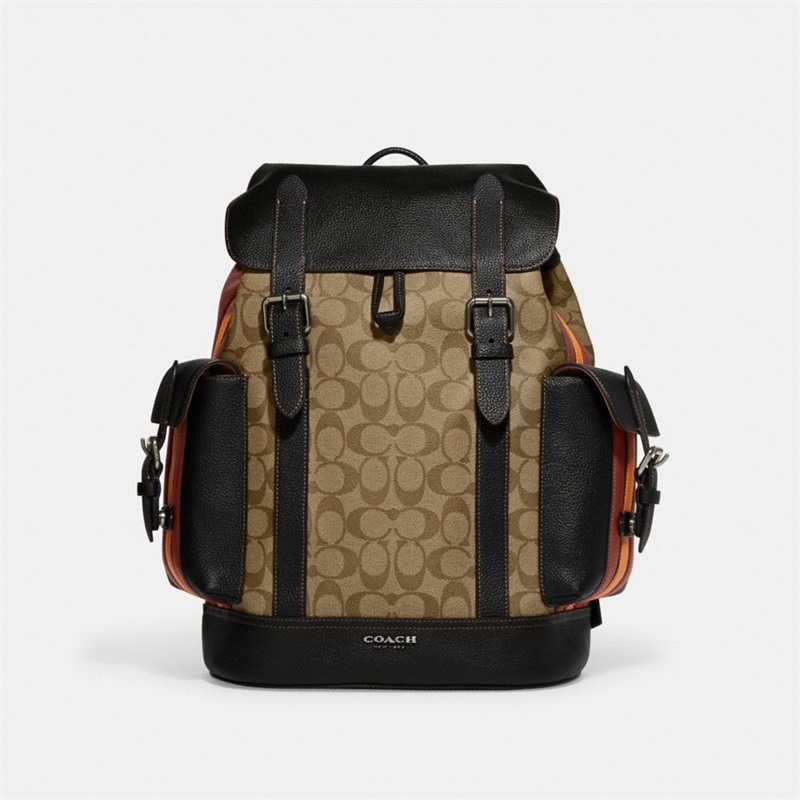 Rucsac Barbati Coach Hudson In Signature Canvas With Varsity Stripe Negrii Kaki Colorati | Romania-318692